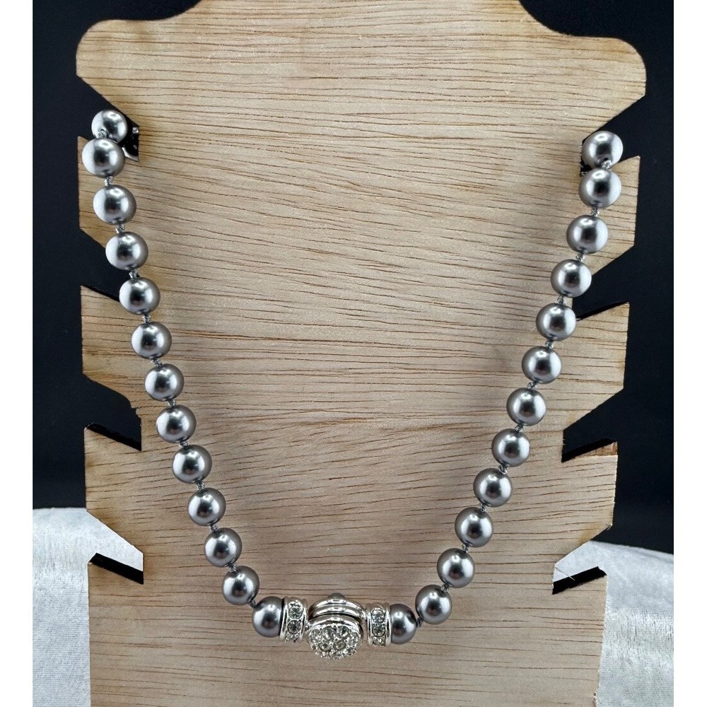 Vintage Nolan Miller Necklace Faux Pearl Grey Silver Tone Rhinestone 18"‎